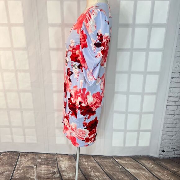 Venus light blue floral short puff sleeve grommet cutout waist summer party dres - Picture 8 of 13